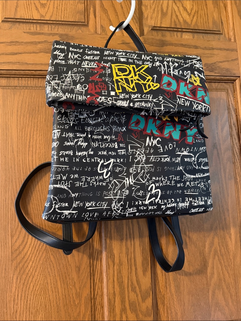 DKNY Women's Multipurpose Fashion Backpack, Black Iconic Graffiti Tilly